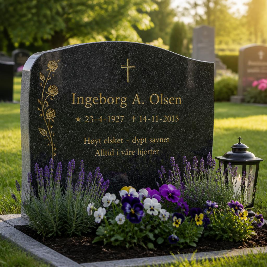 Norsk gravminne med navnet Ingeborg A. Olsen omgitt av sesongblomster
