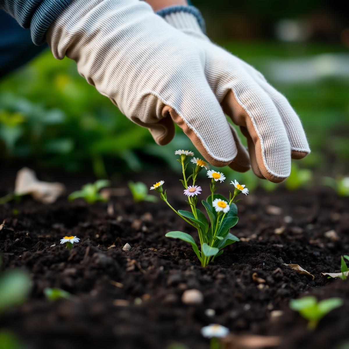 Hender med hagehansker planter blomster i plantefeltet på et gravsted